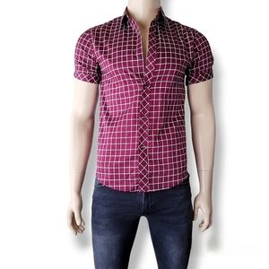 Burgundy Red Plaid Chequered Short Sleeve Button Up Shirt (Asian Brand)